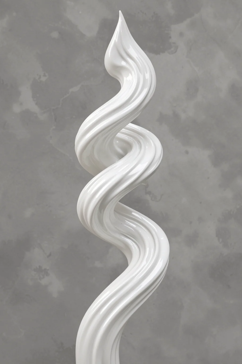 Fluid Gray Abstract. A glossy white ribbon-like form twists vertically against a mottled gray background.