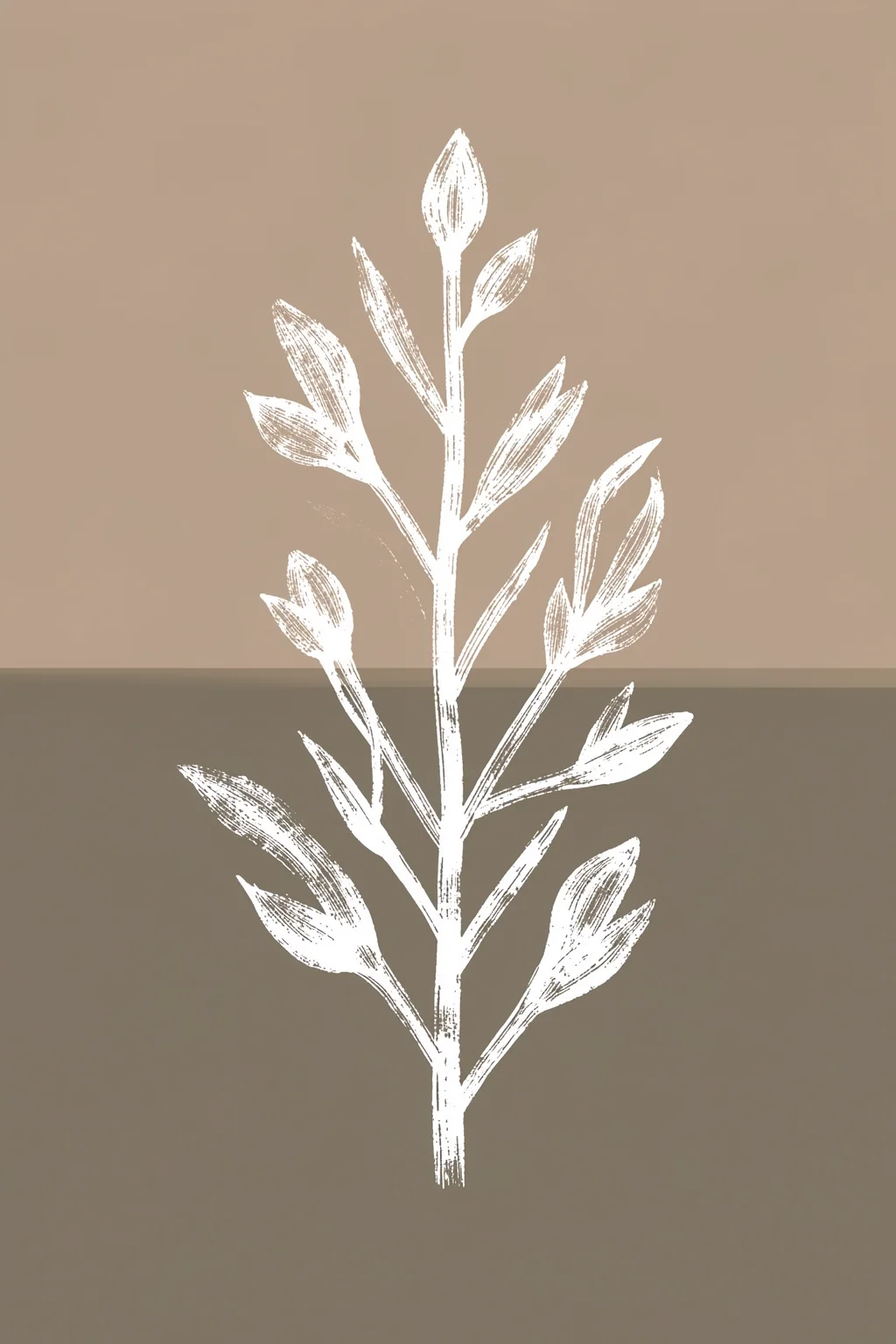 Whispering Petals. A white line drawing of a leafy stem and buds stands across a two-tone taupe and gray background.