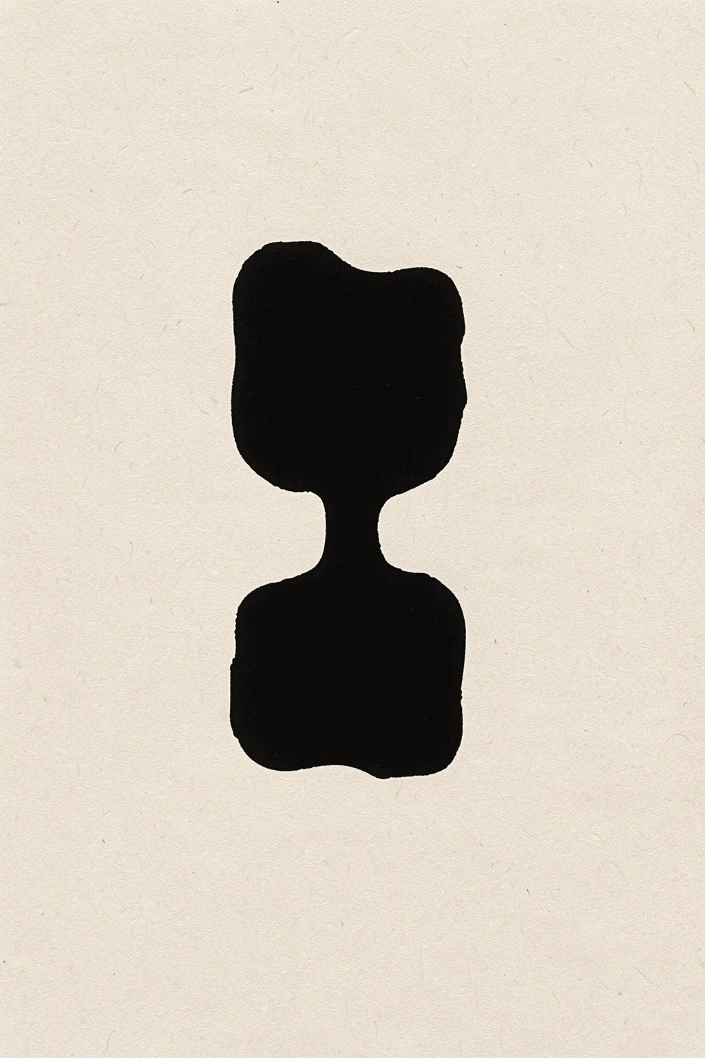 Abstract Organic Shape. A single irregular black organic silhouette sits centered on textured cream paper.