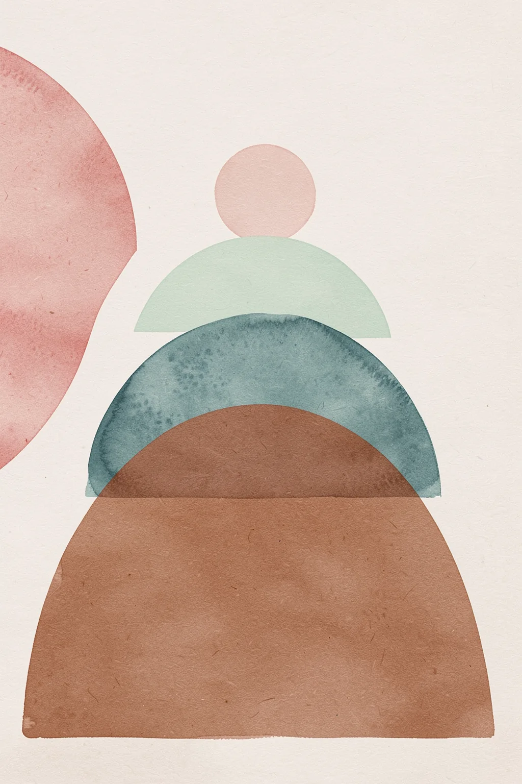 Modern Pastel Balance. Muted pink, sage, teal, and terracotta circles and semicircles overlap in a softly textured geometric composition.