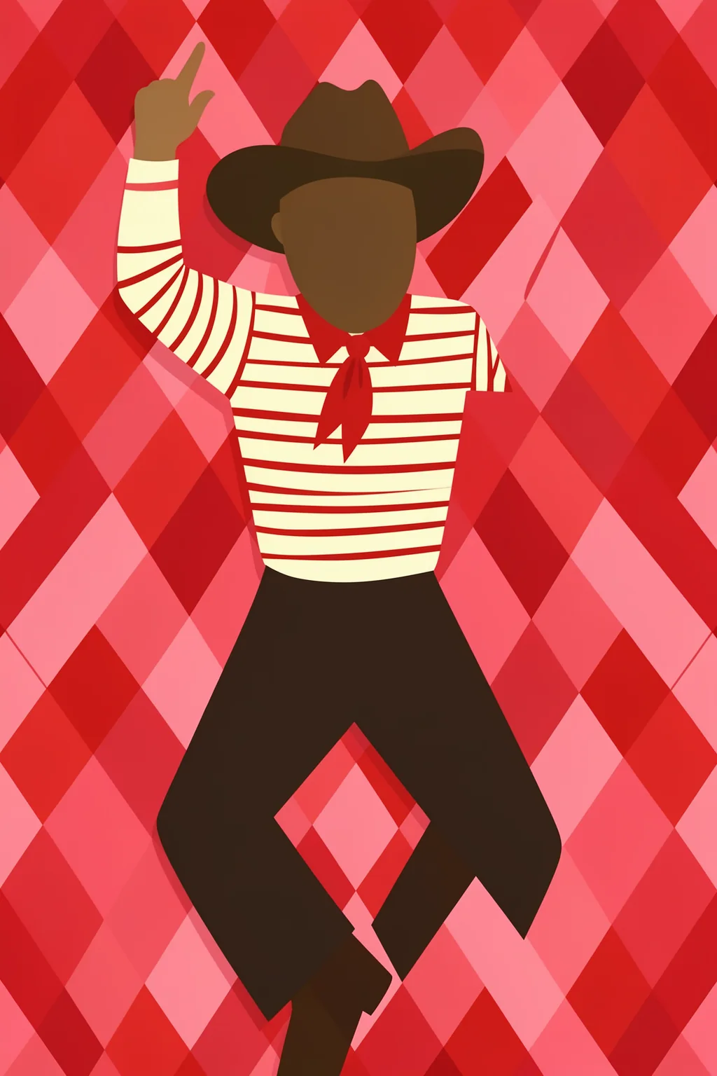 Retro Dance Character. A faceless figure in a wide-brimmed brown hat and striped cream shirt poses with one arm raised against a red-and-pink diamond pattern.
