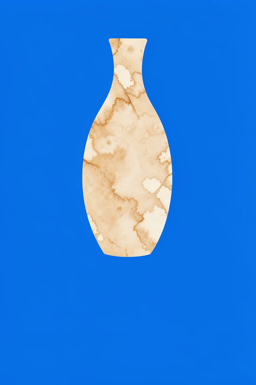 Abstract Blue Vase. A tall cream vase with a marbled tan pattern is centered against a vivid blue background.