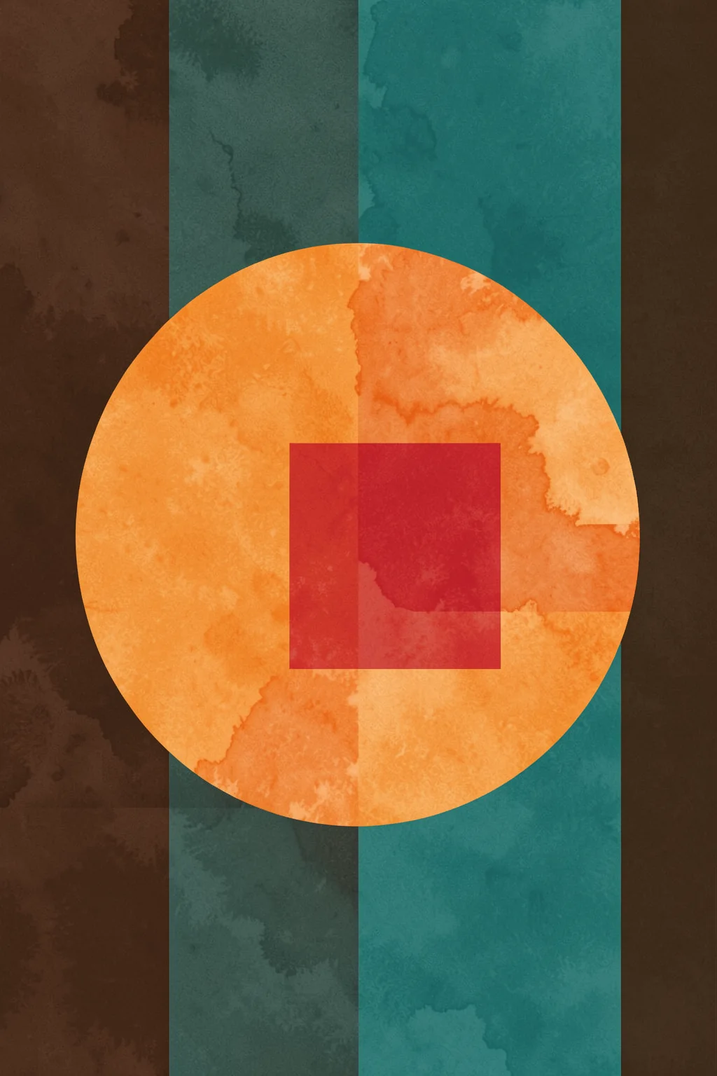 Abstract Color Block Design. A large orange circle with a translucent red square sits over vertical blocks of dark brown, teal, and green.