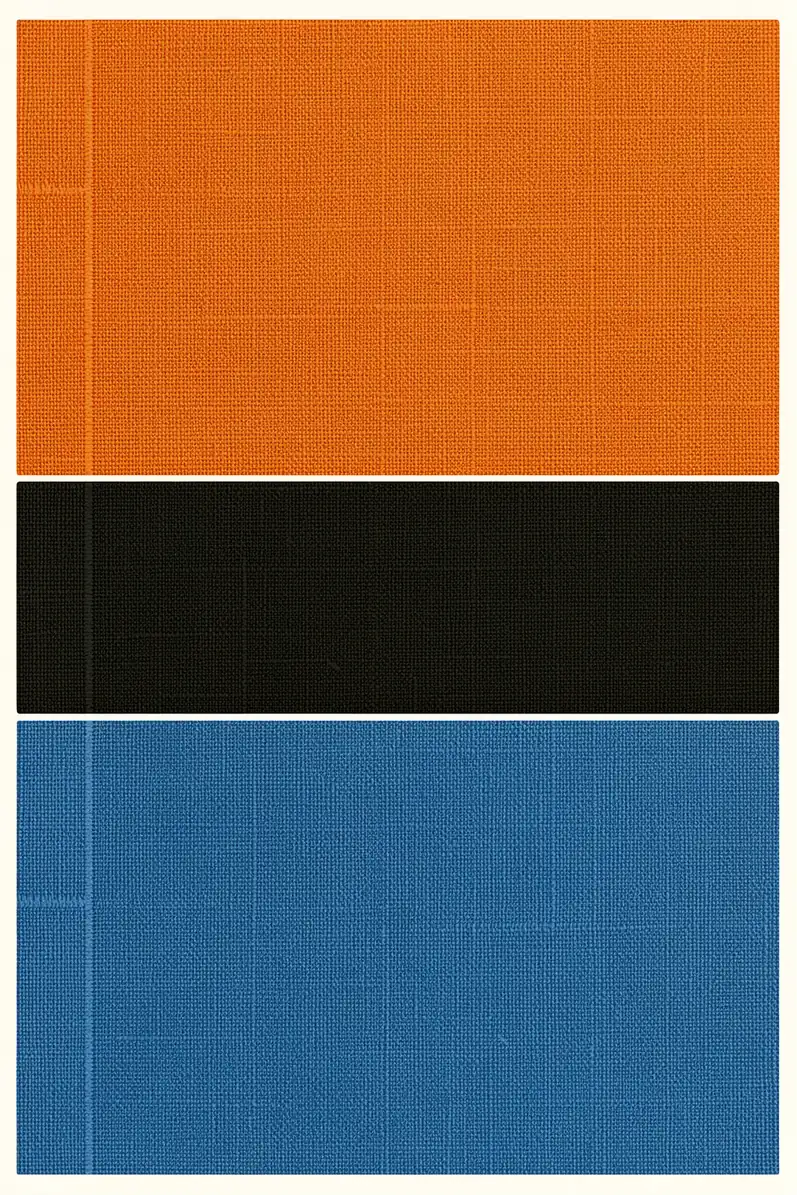 Abstract Color Blocks. Three textured horizontal color blocks in orange, black, and blue are stacked with narrow cream gaps.