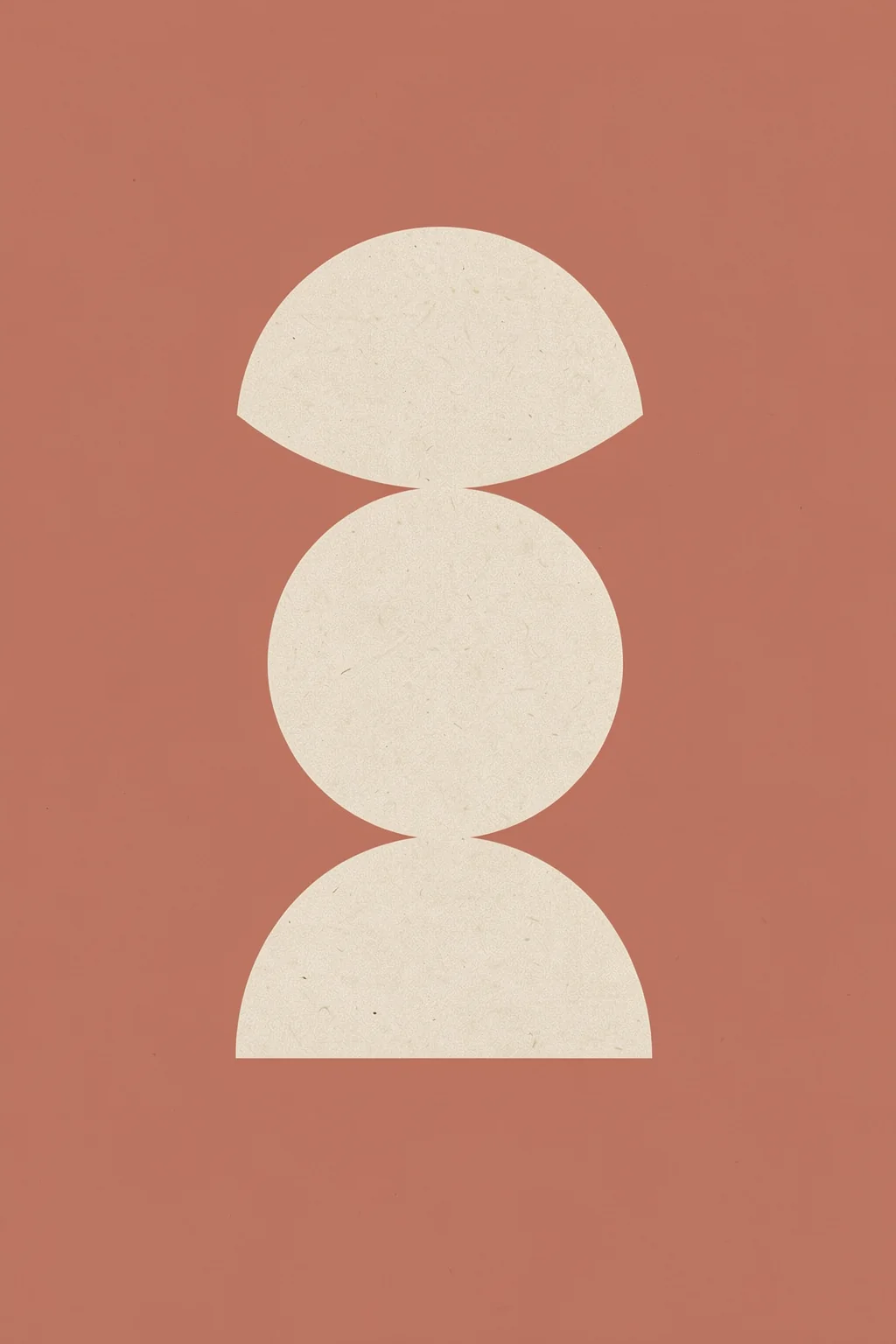 Balanced Geometric Forms. Three cream geometric forms—a semicircle, circle, and half-circle—are stacked vertically on a terracotta background.
