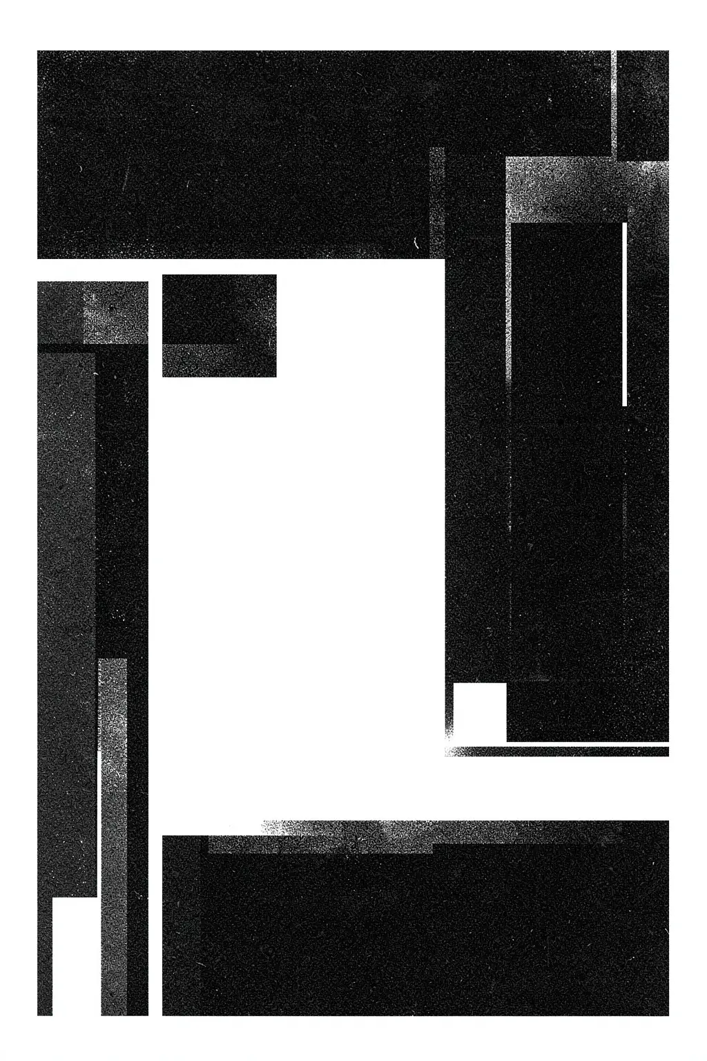 Black and White Maze. A grainy black-and-white geometric maze of rectangular bands and open white channels fills a bordered panel.