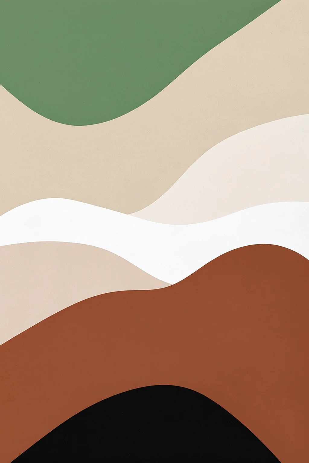 Earthy Desert Landscape. Broad, softly curving bands of green, cream, tan, rust, and black form an abstract desert-like landscape.