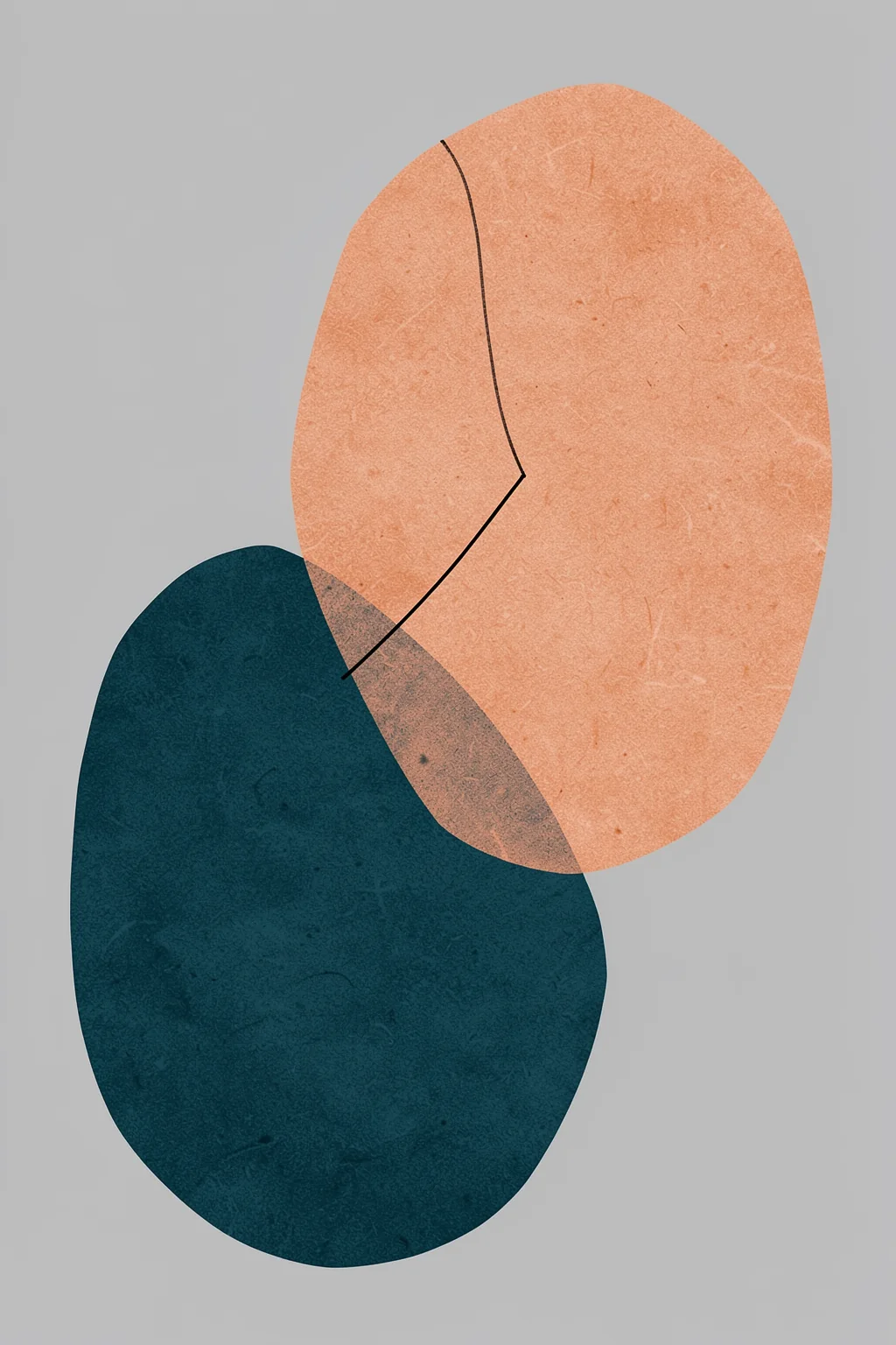 Earthy Organic Shapes. A coral oval and a deep-teal rounded shape overlap on gray, with a fine dark line tracing part of the composition.