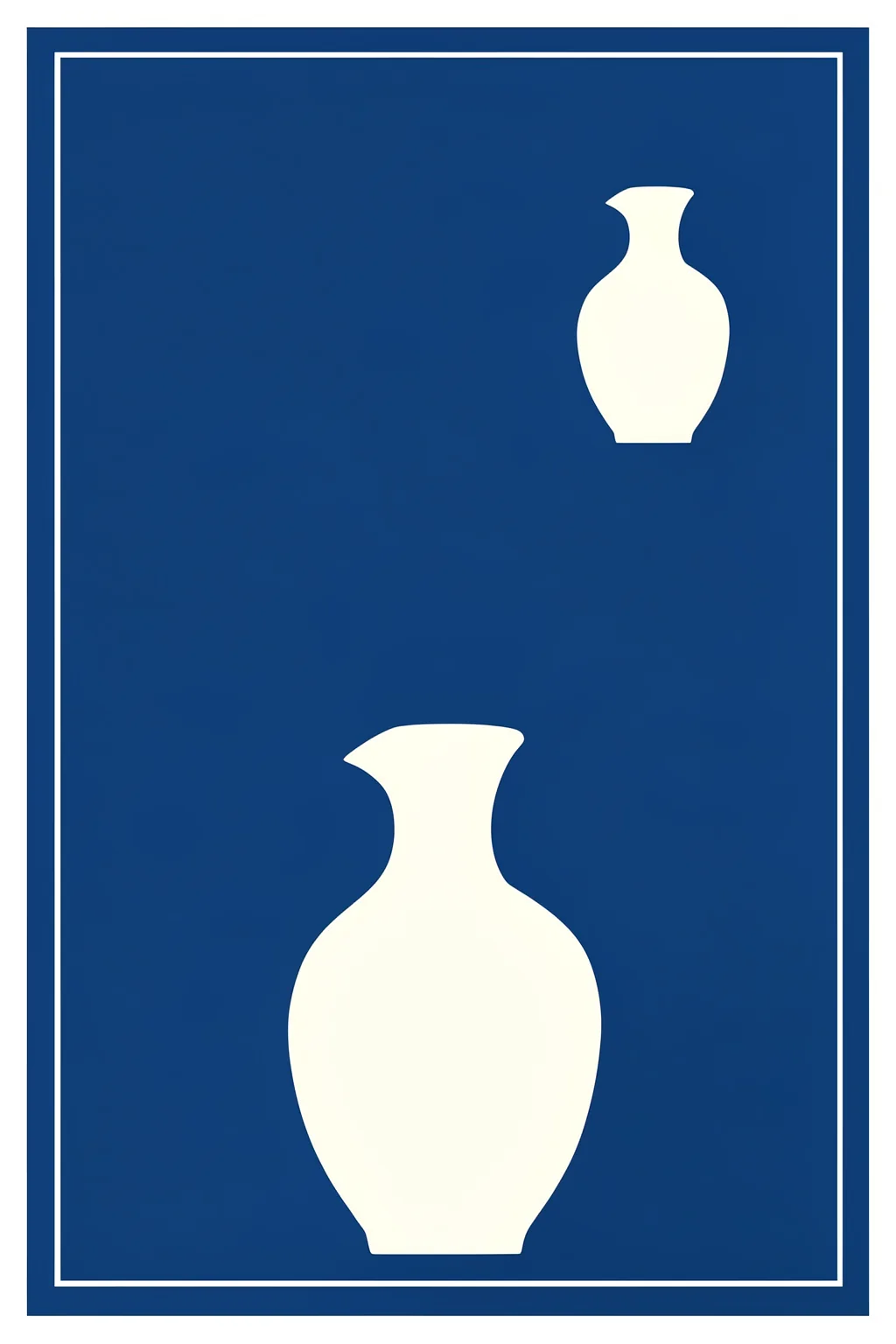 Minimal Blue Vase. Two cream vase silhouettes, one small and one large, sit inside a thin white frame on a deep-blue background.