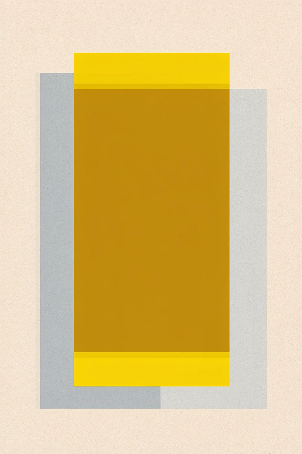 Muted Geometric Blocks. A tall mustard-yellow rectangle overlays a translucent gray panel on a warm off-white background.