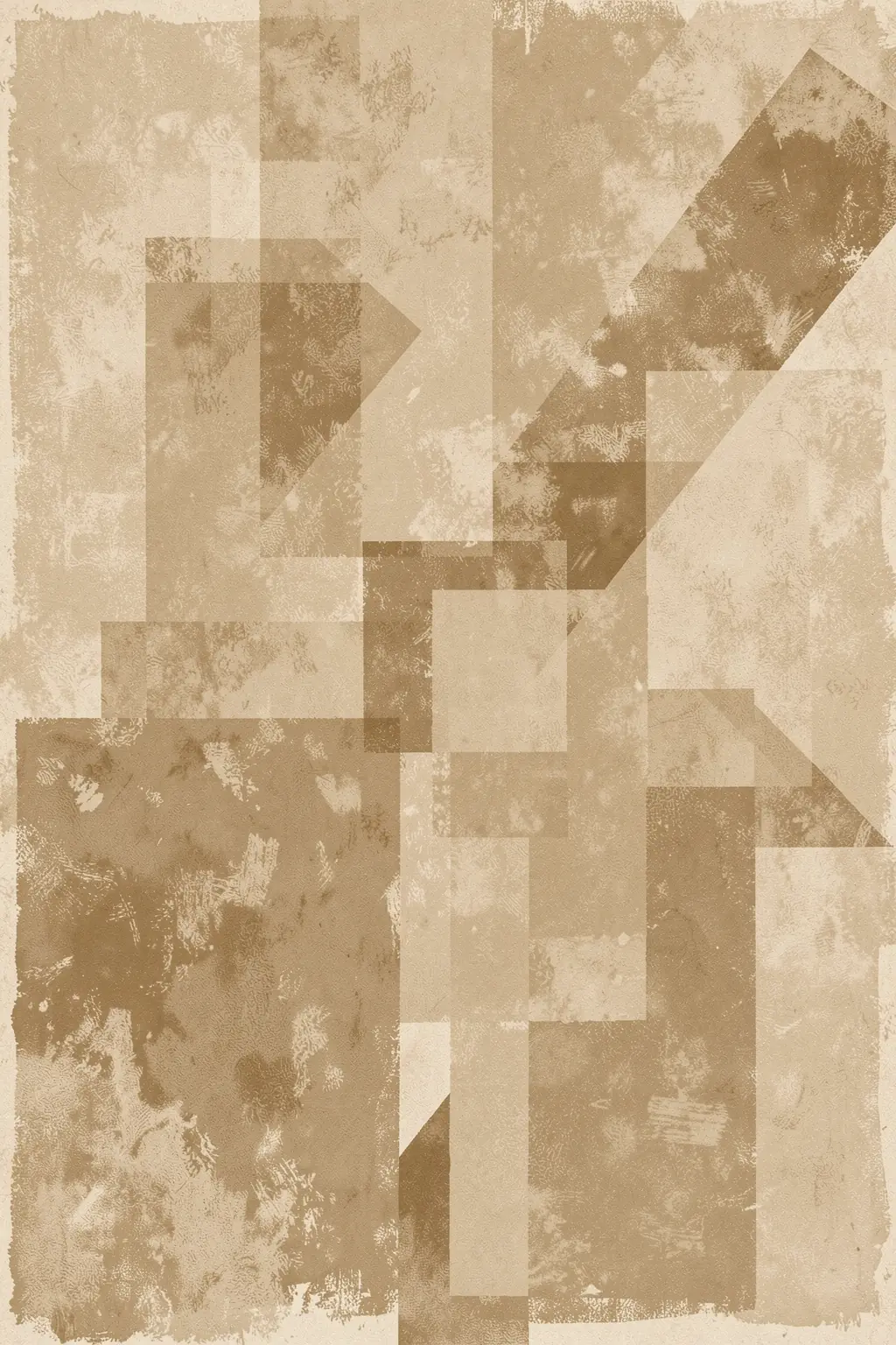 Sepia Geometrics. Layered squares, rectangles, and angled blocks form a dense geometric composition in muted sepia and tan tones.