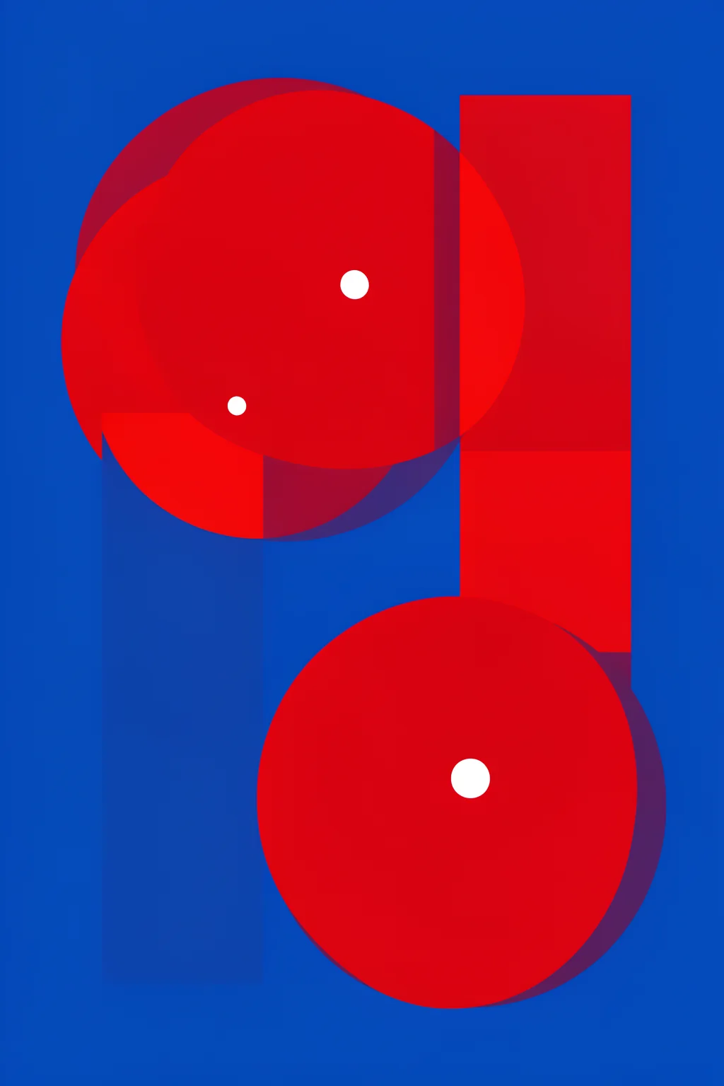 Bold Letters, Blue Background. Large red circles and rectangular blocks overlap on a cobalt-blue background, punctuated by small white dots.