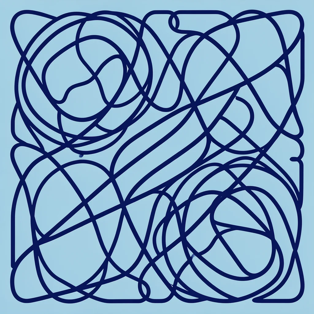 Way To The Beach. Interlacing dark navy lines form a dense, looping abstract pattern over a pale blue background.