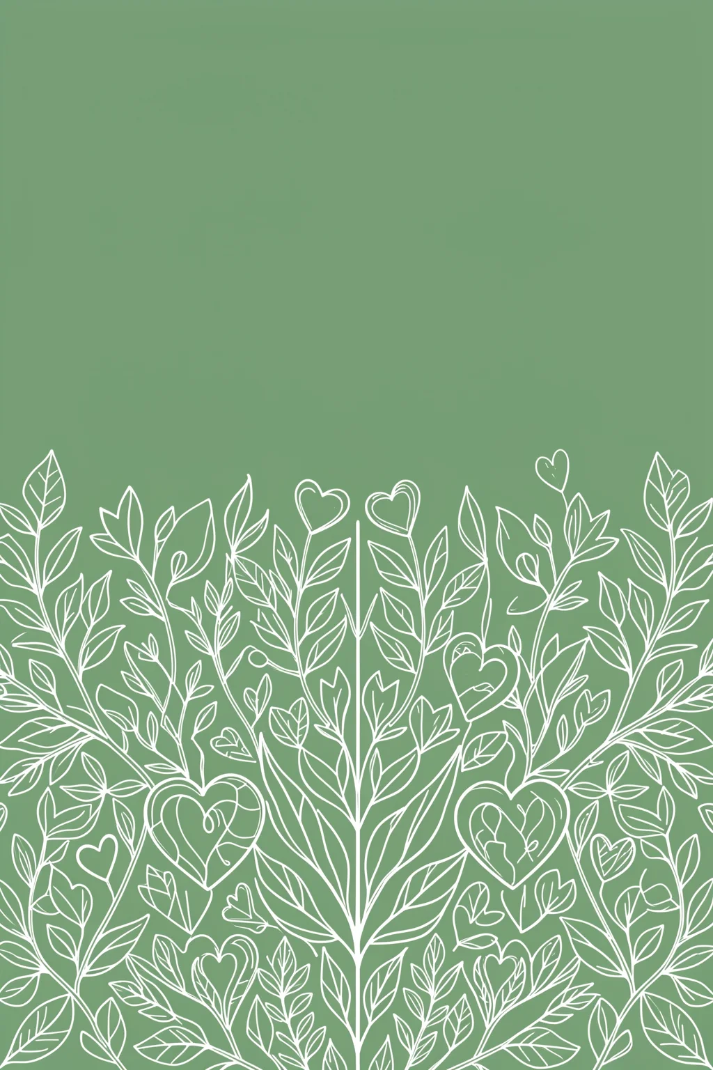 Botanical Love Pattern. Fine white line drawings of leafy stems, small blossoms, and heart shapes fill the lower half of a muted sage-green field.
