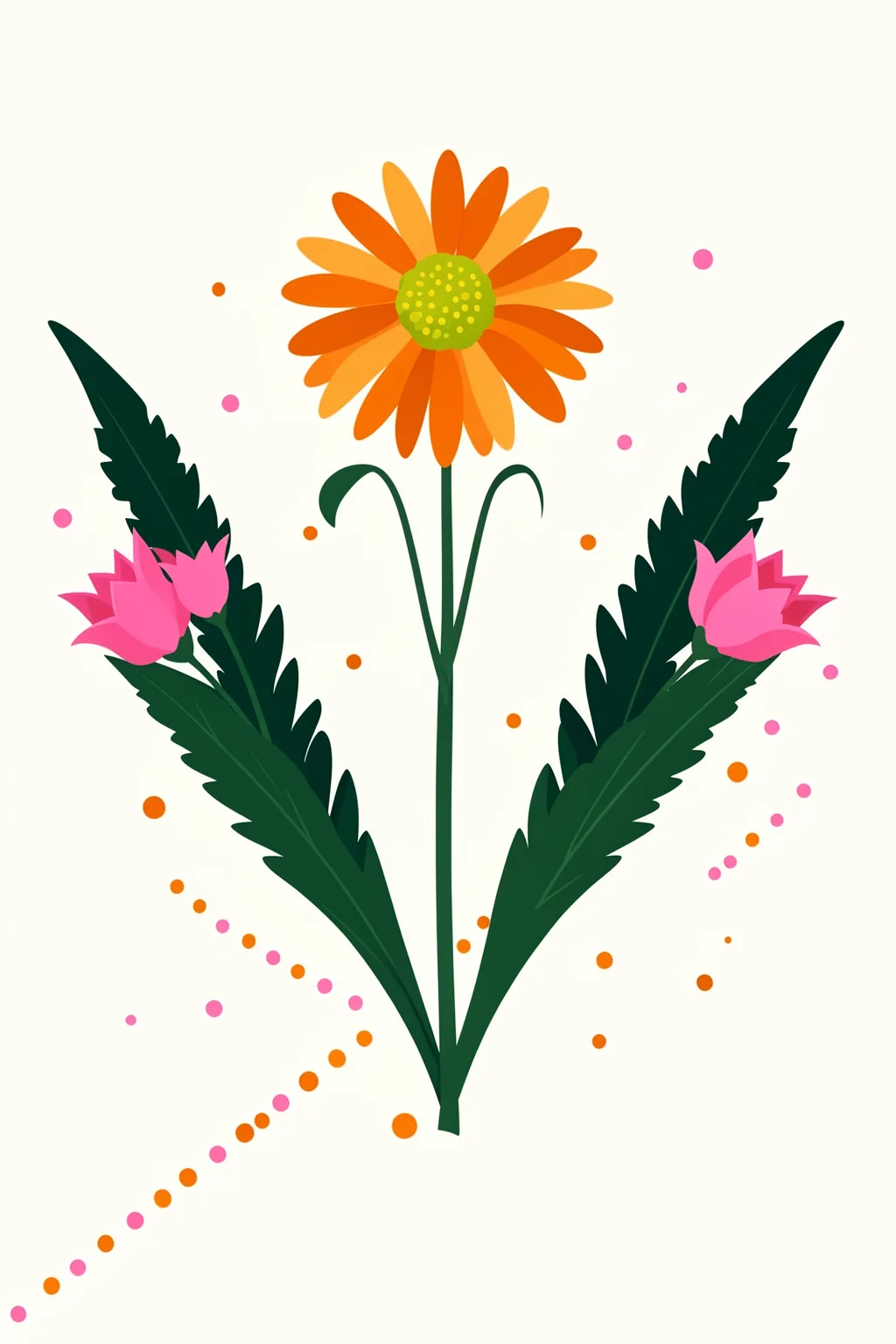 Vibrant Folk Flowers. Three stylized flowers in orange, yellow, and pink stand among dark green leaves, with small colored dots on cream.