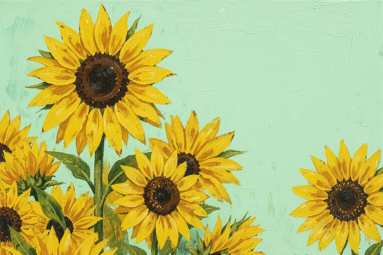 Cheerful Yellow Sunflowers. Yellow sunflowers with dark centers fill a textured pale mint-green field.