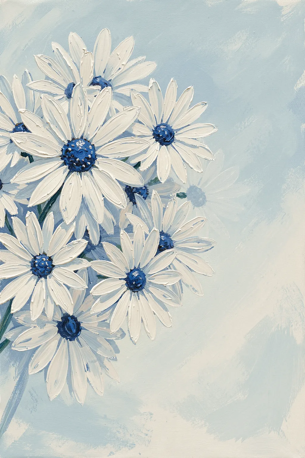 Dreamy Blue Blossoms. White, daisy-like flowers with deep blue centers cluster along the left side of a pale blue-gray painted background.