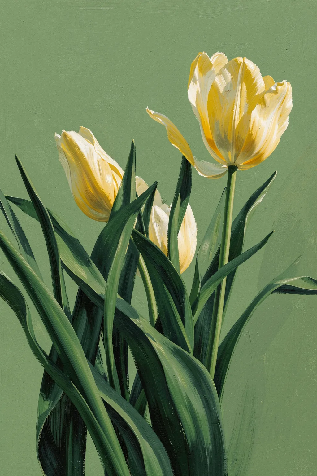 Vibrant Spring Tulips. Pale yellow tulips and long dark green leaves rise against a muted sage-green background.