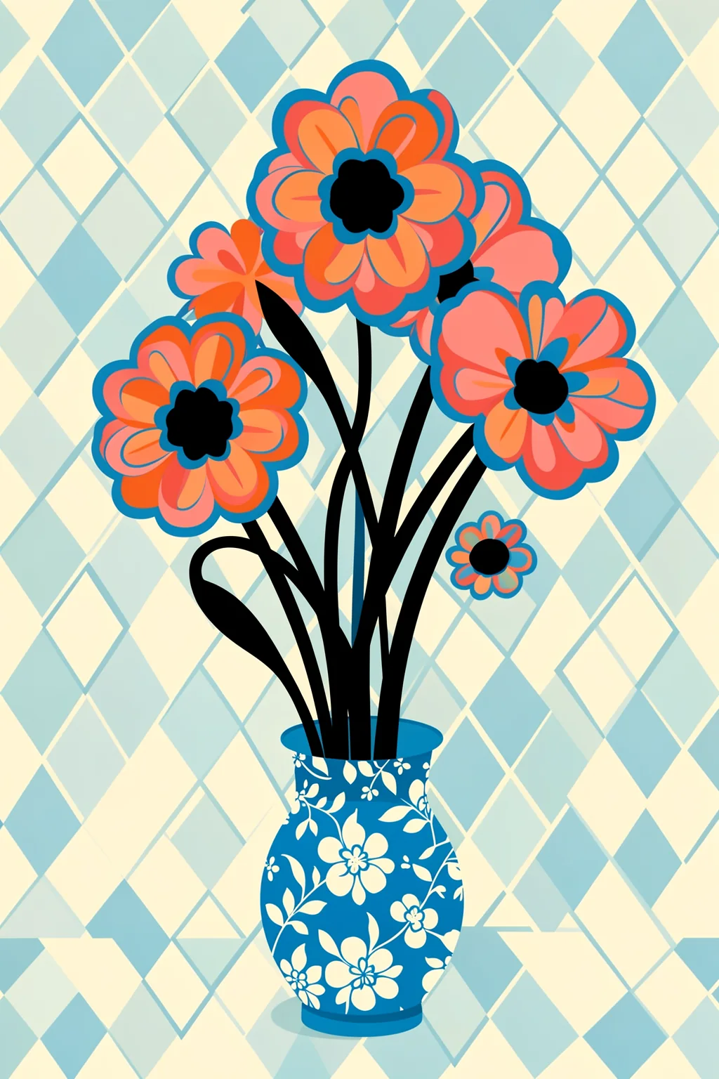 Vibrant Floral Abstract. Four coral and peach flowers with dark centers rise from a blue floral-patterned vase against a pale blue diamond lattice.