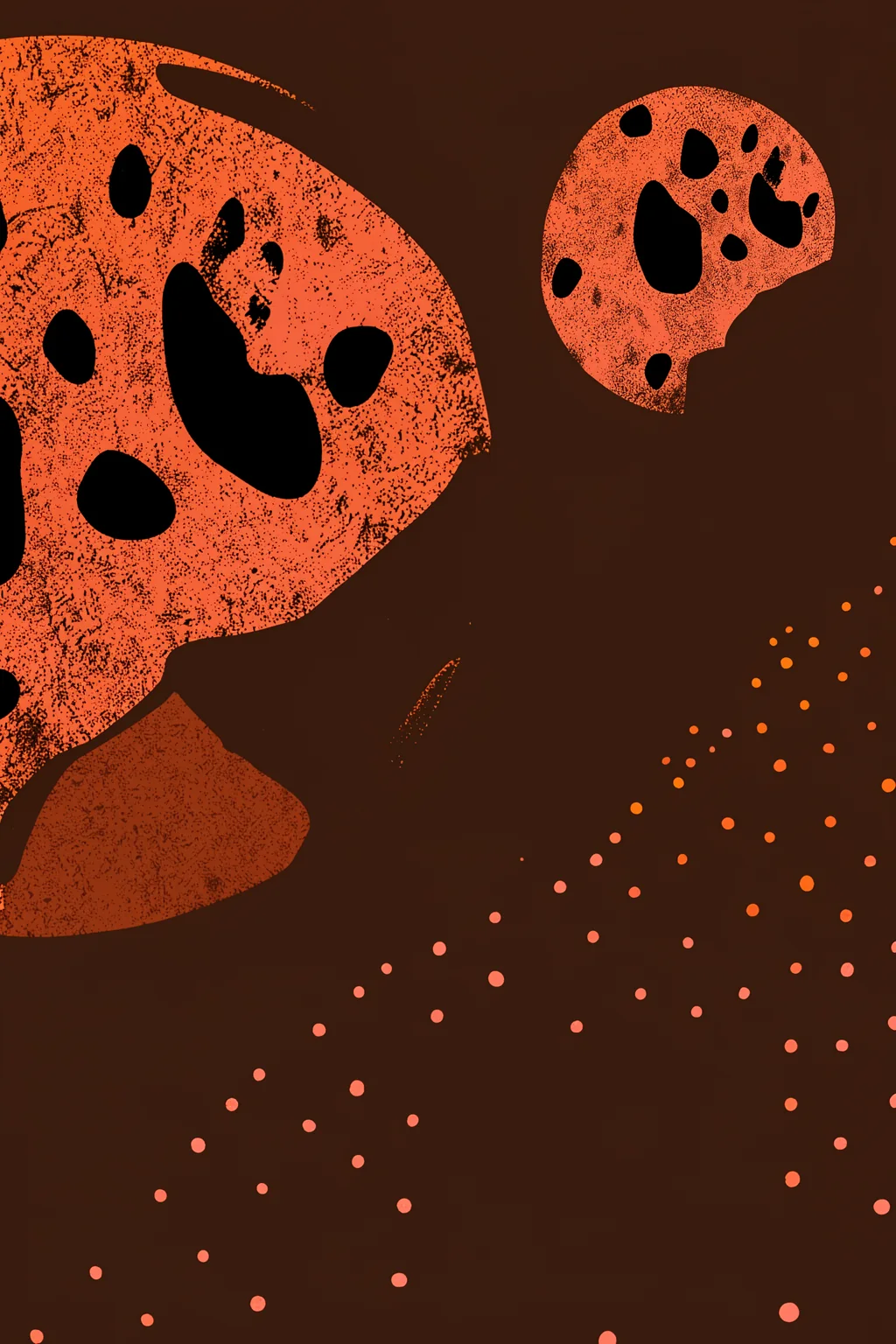 Whimsical Moon Face. Two irregular coral-orange forms with dark openings and dotted marks float over a deep brown field with scattered orange dots.