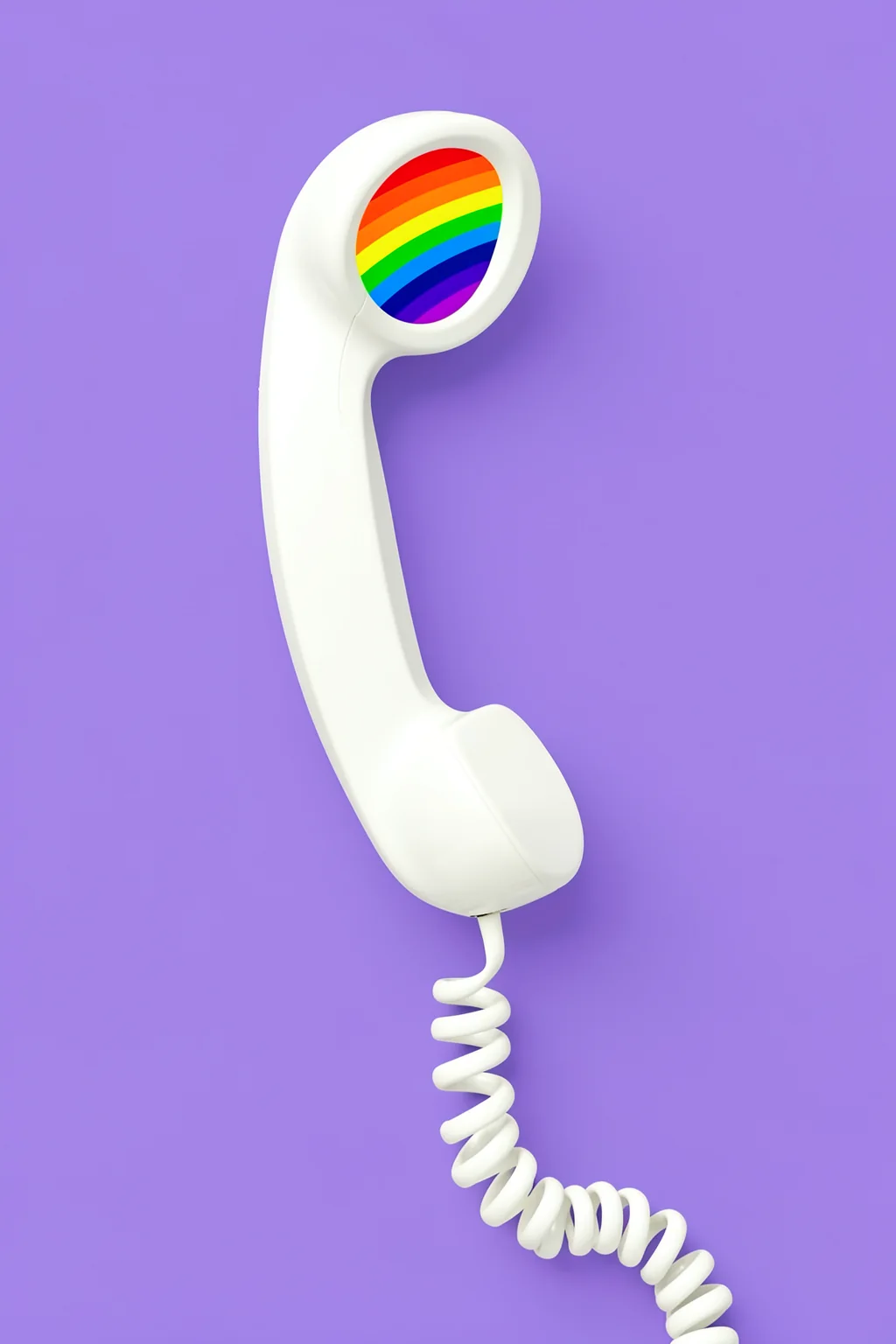 Rainbow Phone. A white retro telephone handset with a rainbow-colored earpiece and coiled cord floats on a lavender background.