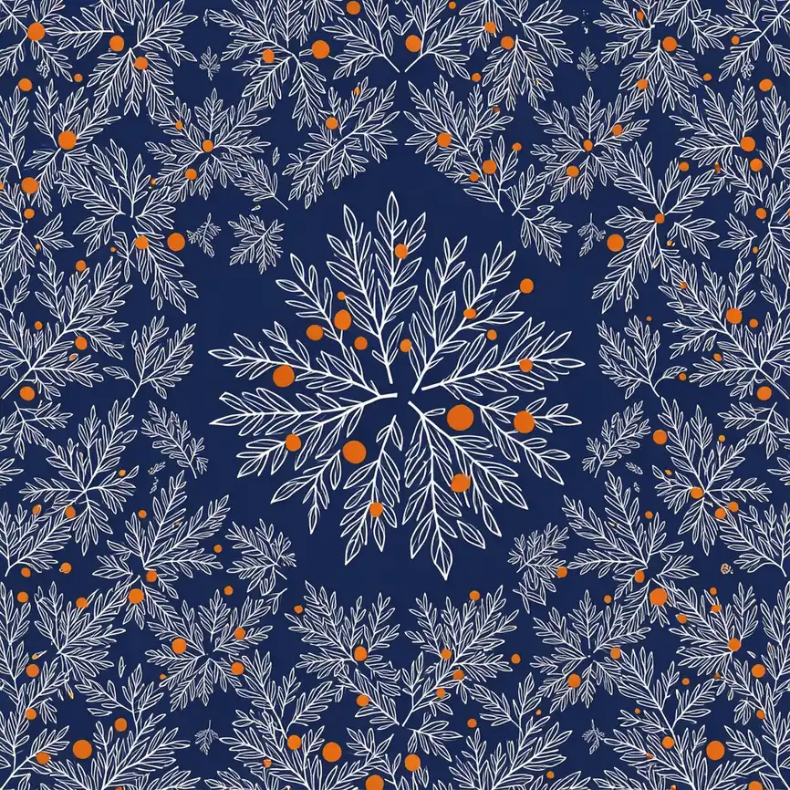 Delicate Winter Pattern. Fine white botanical linework and scattered orange berries form a dense repeat pattern on deep navy.