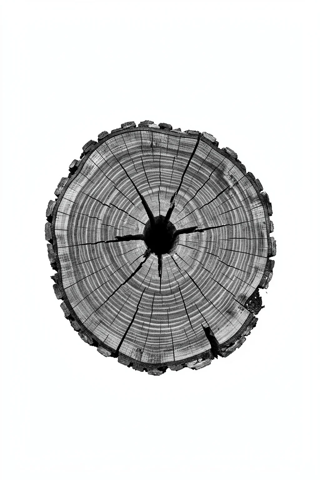 Oak Log. A black-and-white cross-section of a cut tree trunk shows concentric growth rings and radiating cracks on white.