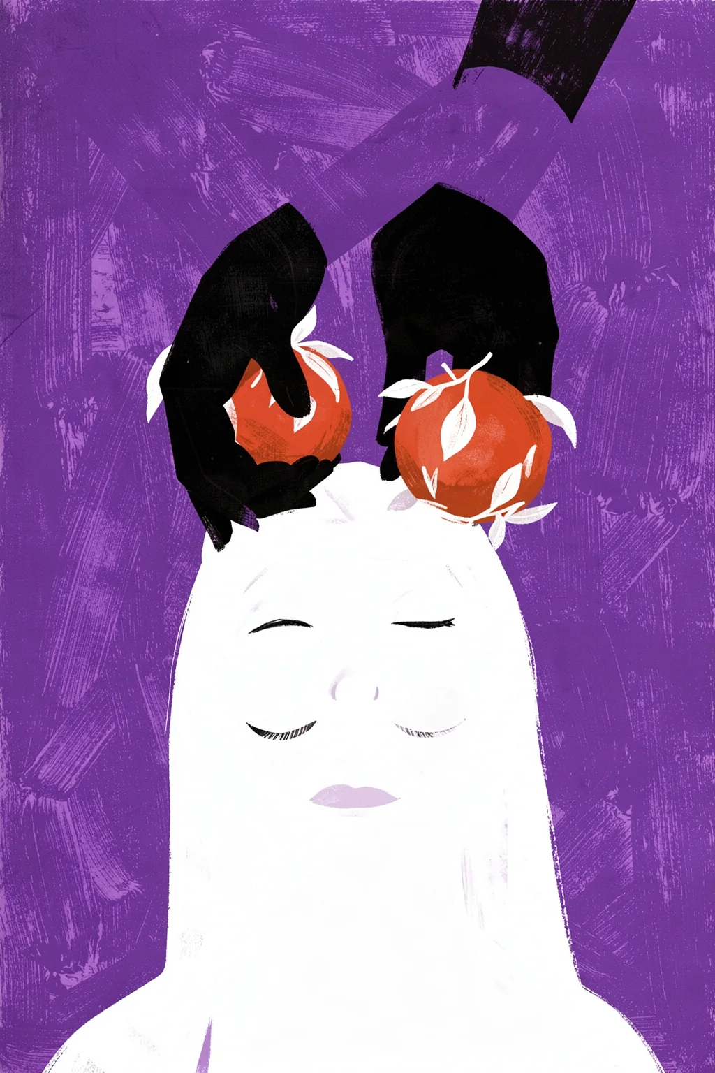 Vibrant Fruit Meditation. A stylized pale face with closed eyes appears beneath two oranges held by dark hands against textured purple.