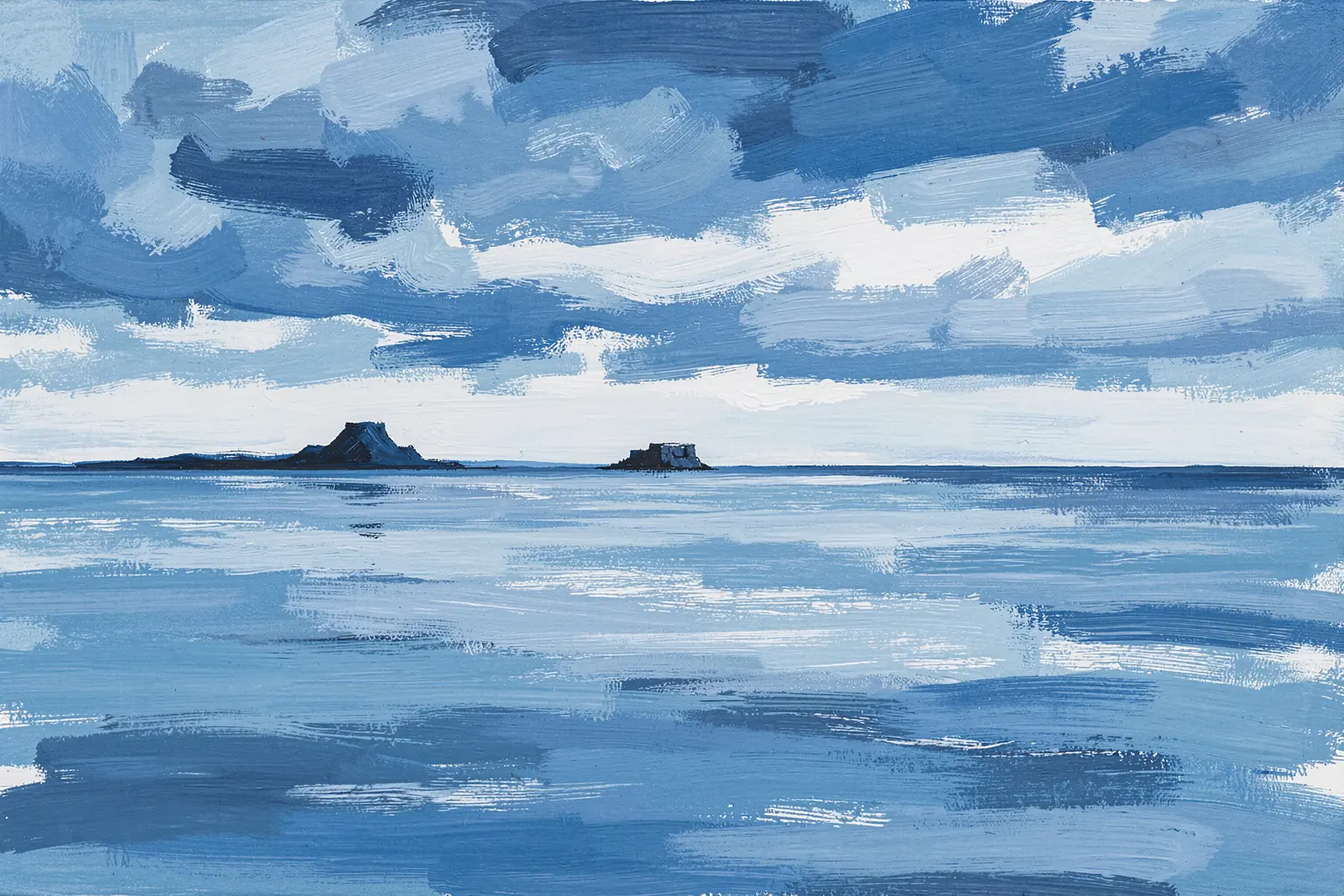 Calm Sky Reflection. A calm seascape shows layered blue-gray clouds reflected across a flat water horizon.