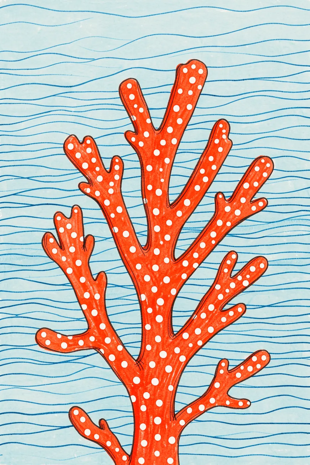 Vibrant Red Coral. A bright red-orange coral branch with small white spots rises in front of thin blue horizontal waves.