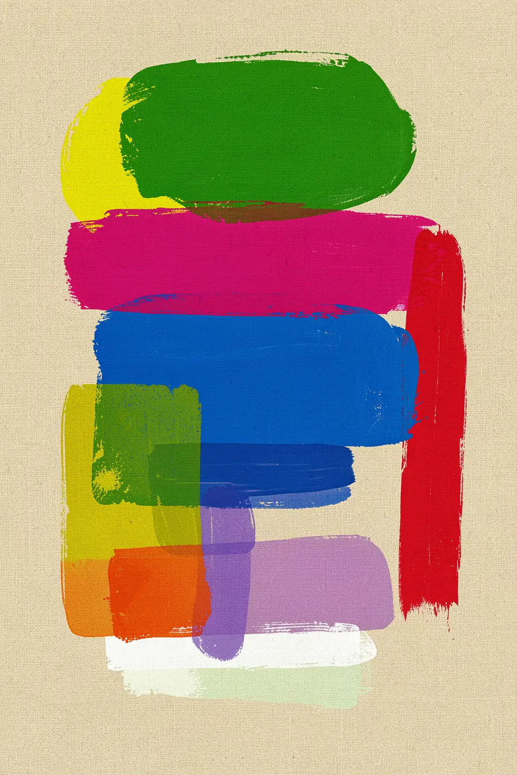 Mash Up 1. Broad overlapping brushstrokes in green, yellow, magenta, red, blue, orange, and lavender cover textured beige canvas.