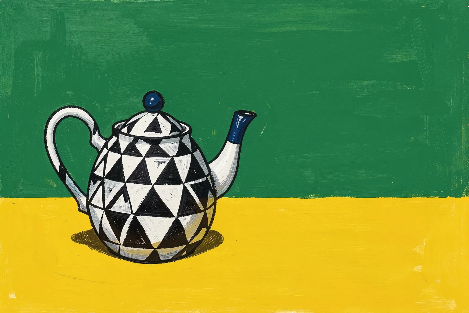 Harlequin Teapot. A black-and-white teapot with triangular harlequin patterns sits on a yellow surface before a green wall.
