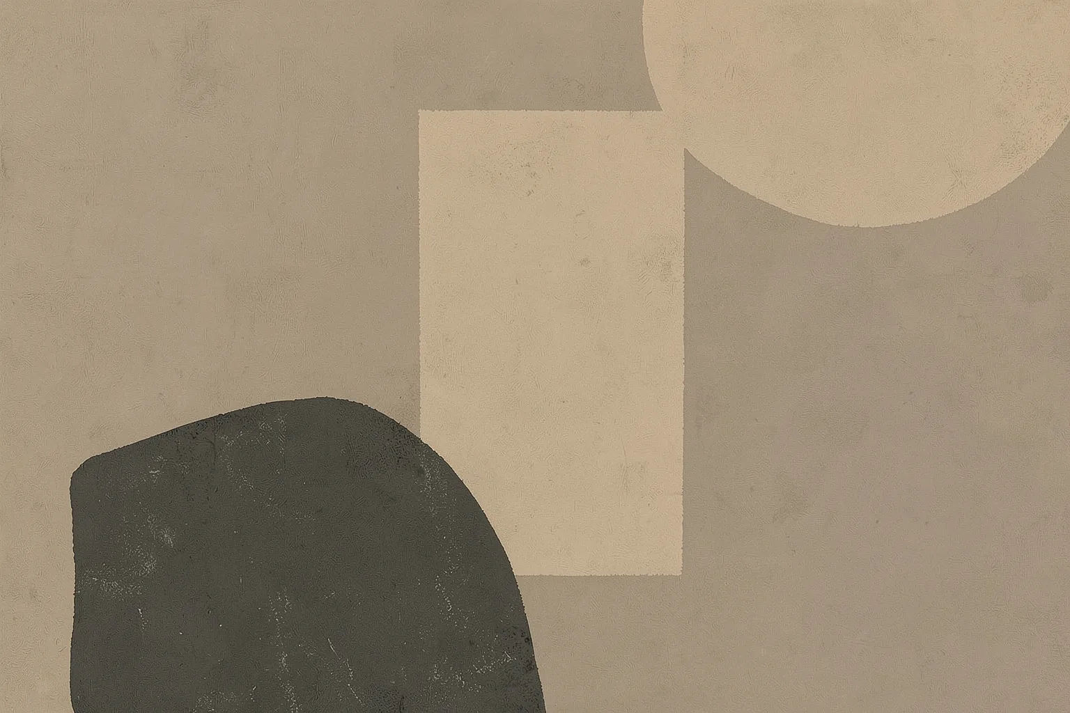 Transform. A dark rounded shape and pale geometric blocks overlap on a textured taupe background.