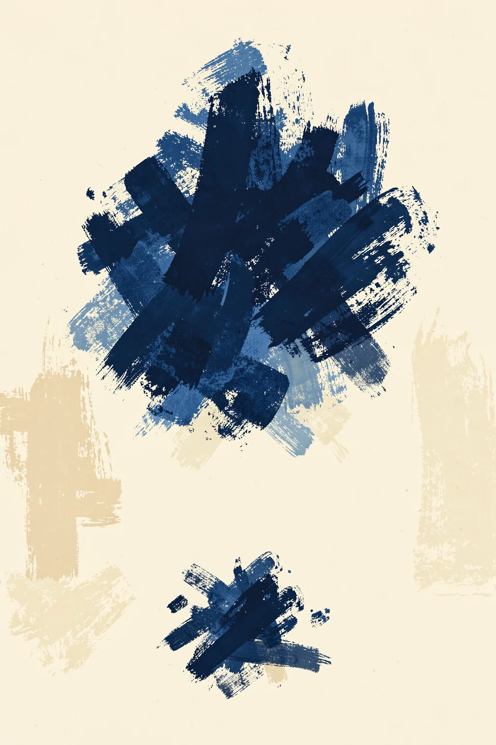 Abstract Blue Strokes. Two clusters of navy and blue brushstrokes sit on a lightly textured cream field.