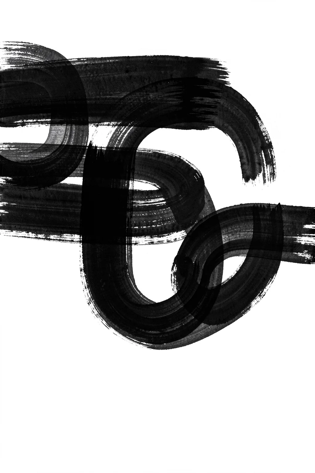 Flowing Ink Abstraction. Thick black ink-like brushstrokes loop and cross over a white background.