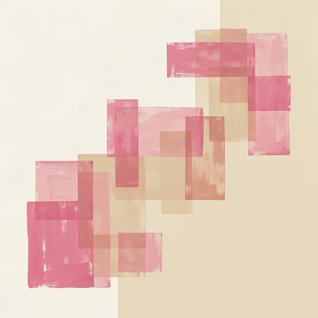 Blush Pink Layers. Translucent blush, rose, and beige rectangles overlap in staggered columns on a pale background.