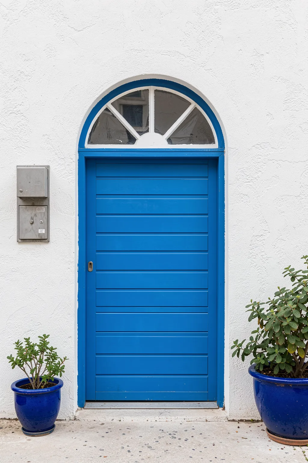 Vibrant Blue Door. A bright blue paneled door is centered on a white stucco wall, flanked by leafy plants in blue pots.