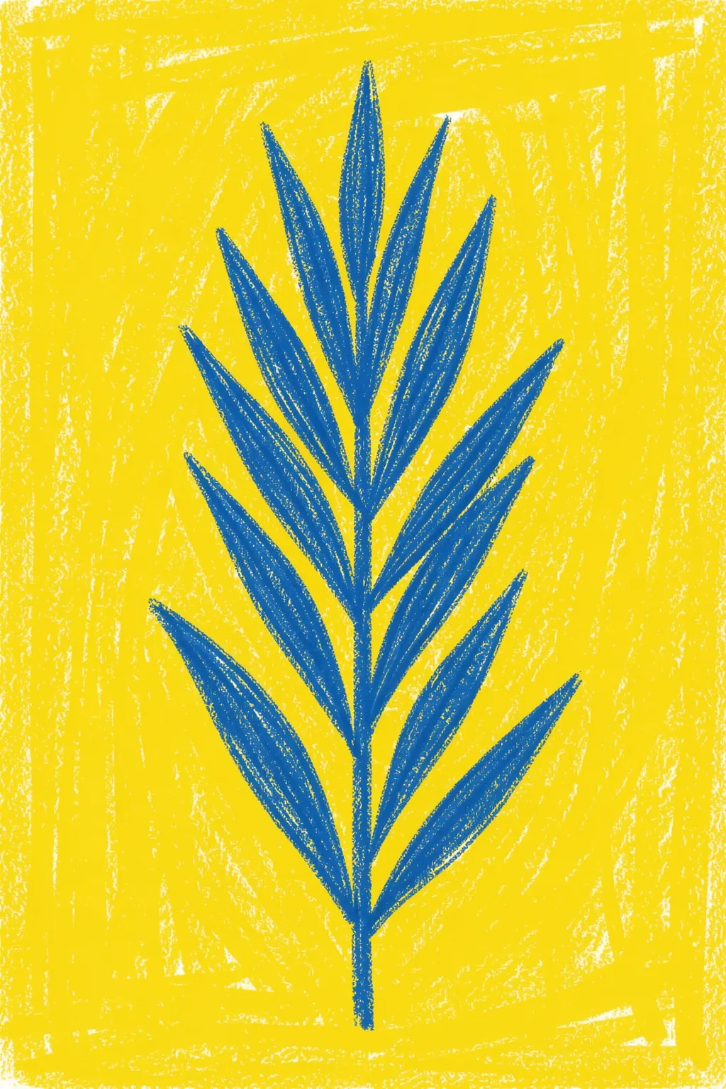 Blue Leaf Harmony. A single blue line-drawn leafy stem rises from the bottom of a textured yellow background.