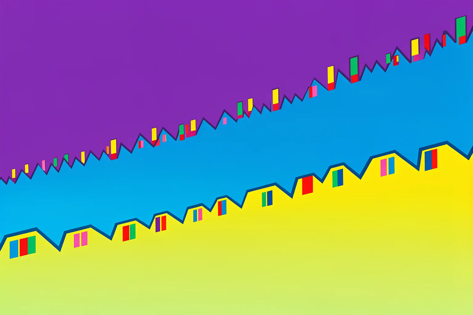 Blues and Stripes. Bright blue, purple, and yellow bands with jagged edges and small multicolored rectangular marks cross the composition.