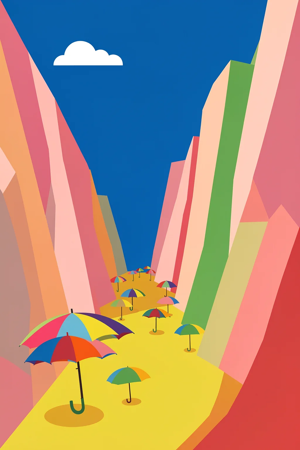 Lido Liguria. A bright yellow lane lined with colorful umbrellas recedes between tall pastel buildings beneath a deep blue sky.