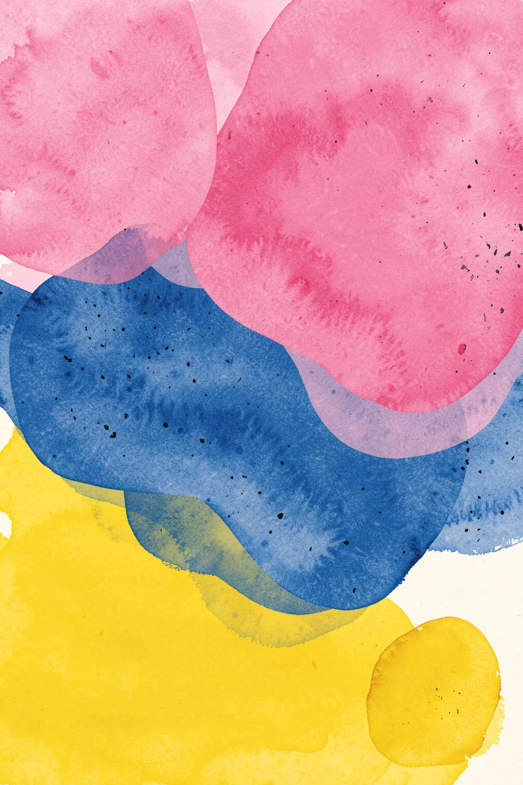 Vibrant Fluid Abstract. Overlapping watercolor-like shapes in pink, blue, and yellow fill a textured composition with scattered dark flecks.