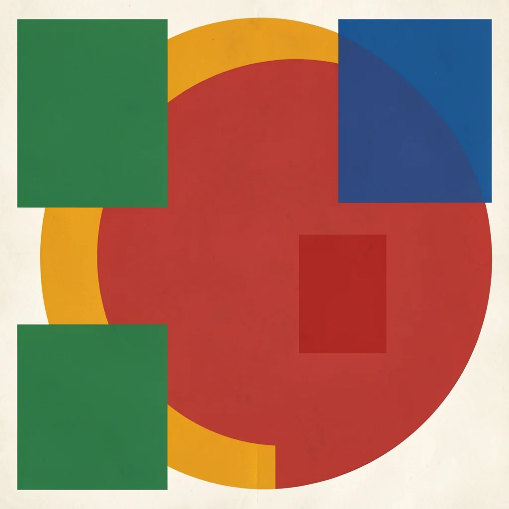 Vibrant Geometry. A large red circle overlaps a mustard-yellow arc, with green and blue rectangles on an off-white background.