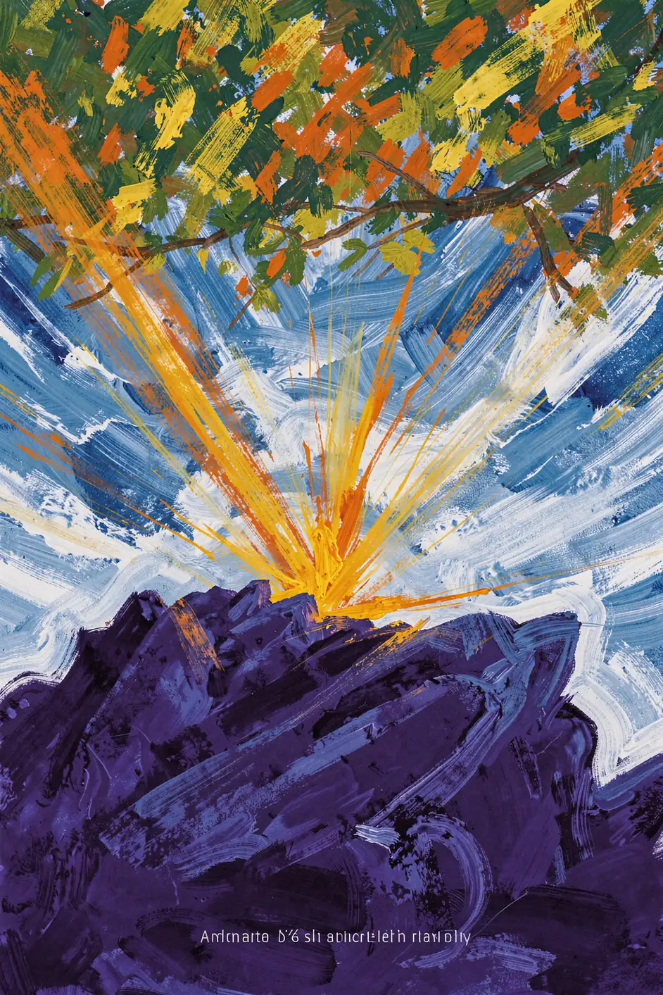 Nature Inspired Landscape. A burst of yellow and orange strokes rises behind dark purple mountain forms, with leafy branches above and small distorted lettering below.