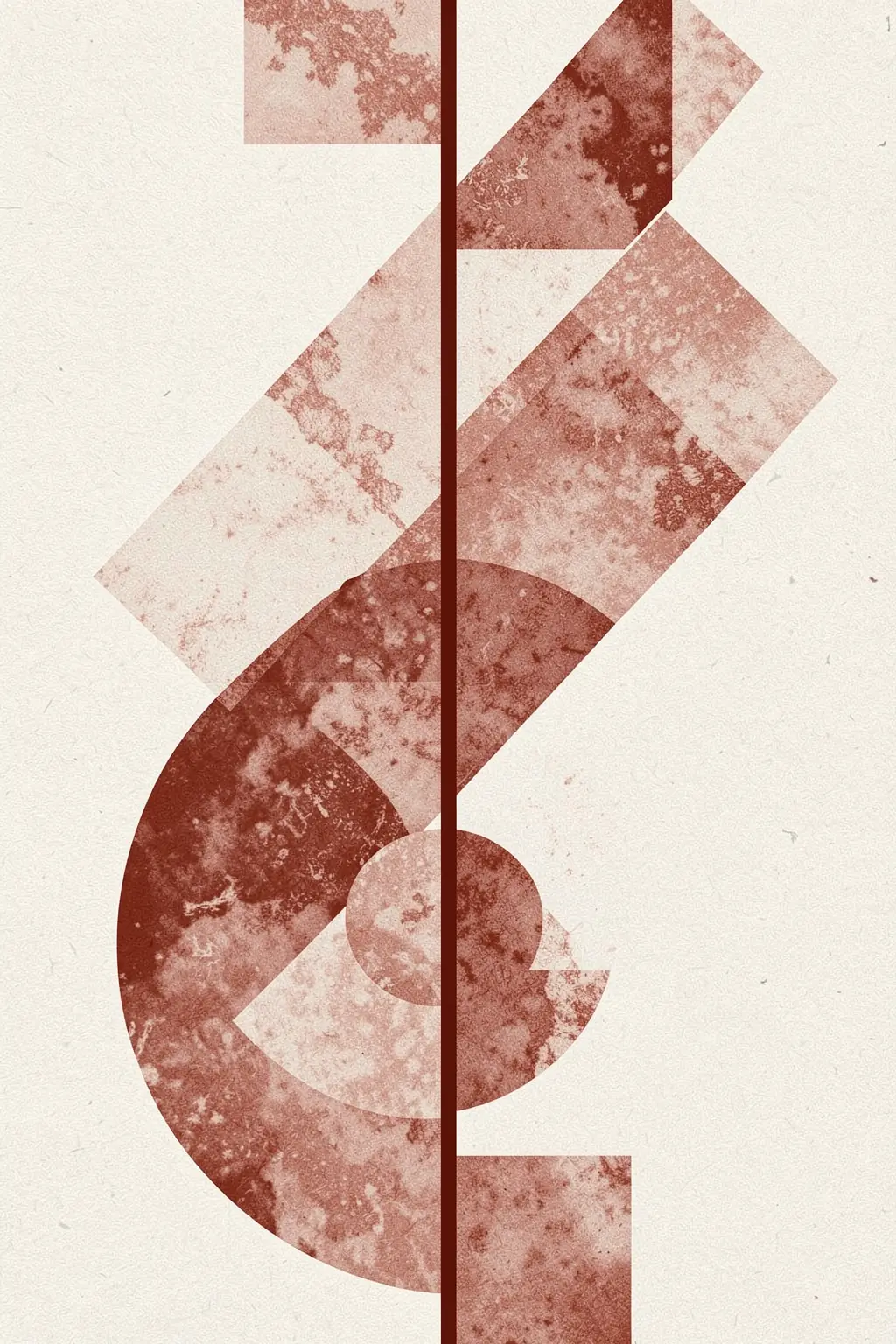 Geometric Echoes. Terracotta geometric shapes—a circle, diagonal bars and a curved form—overlap in a vertical abstract arrangement on pale textured paper.