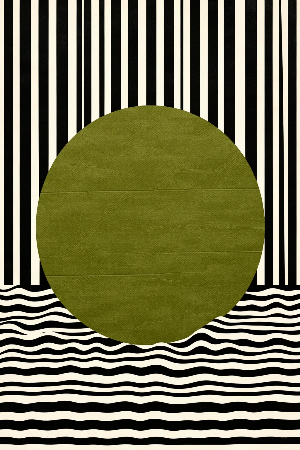Stripes and Waves. A large olive-green circle overlaps black-and-cream vertical stripes above black-and-cream horizontal waves.