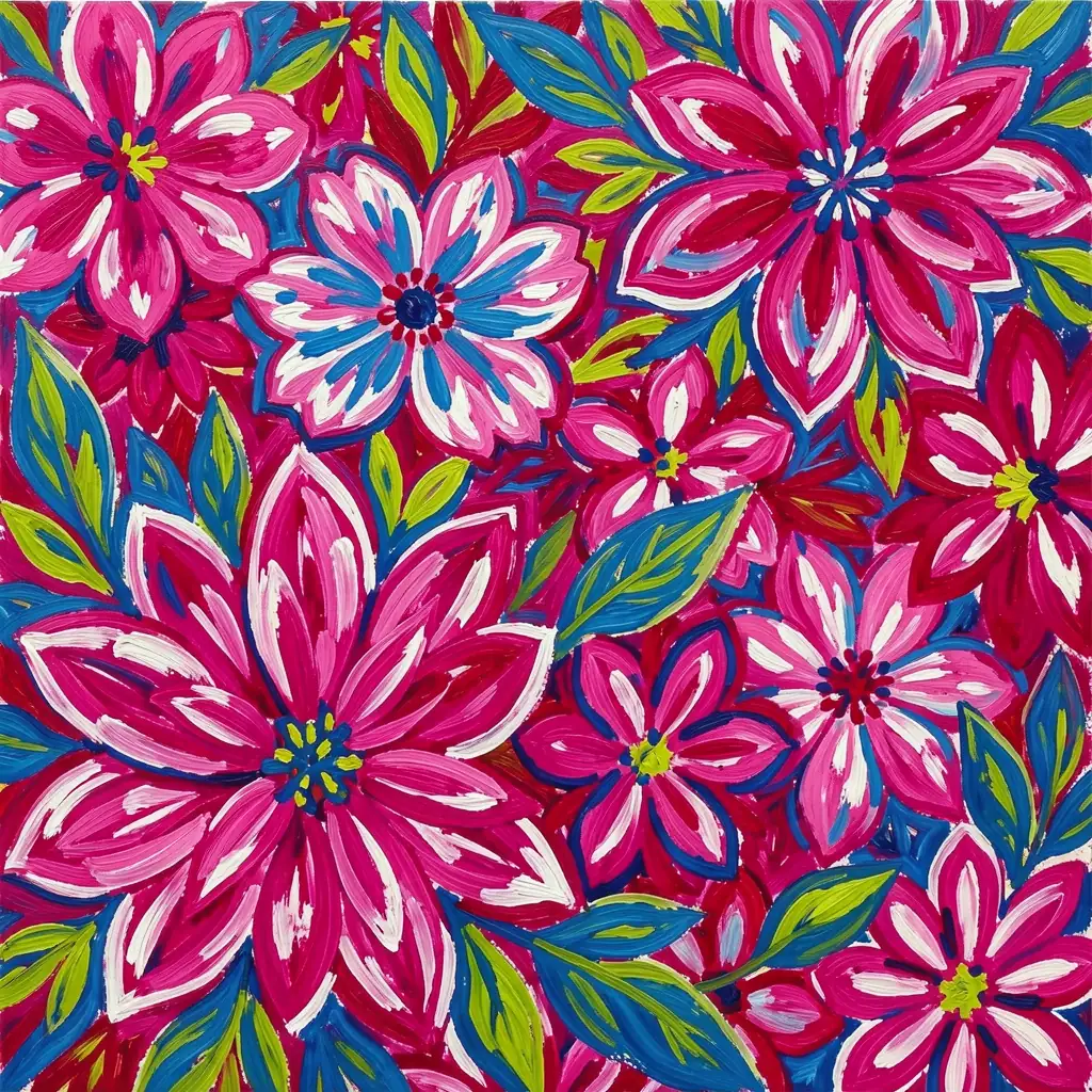 Repeatpat Gardenpath2. A dense repeat pattern of painted pink and white flowers, blue accents, and green leaves covers the image.