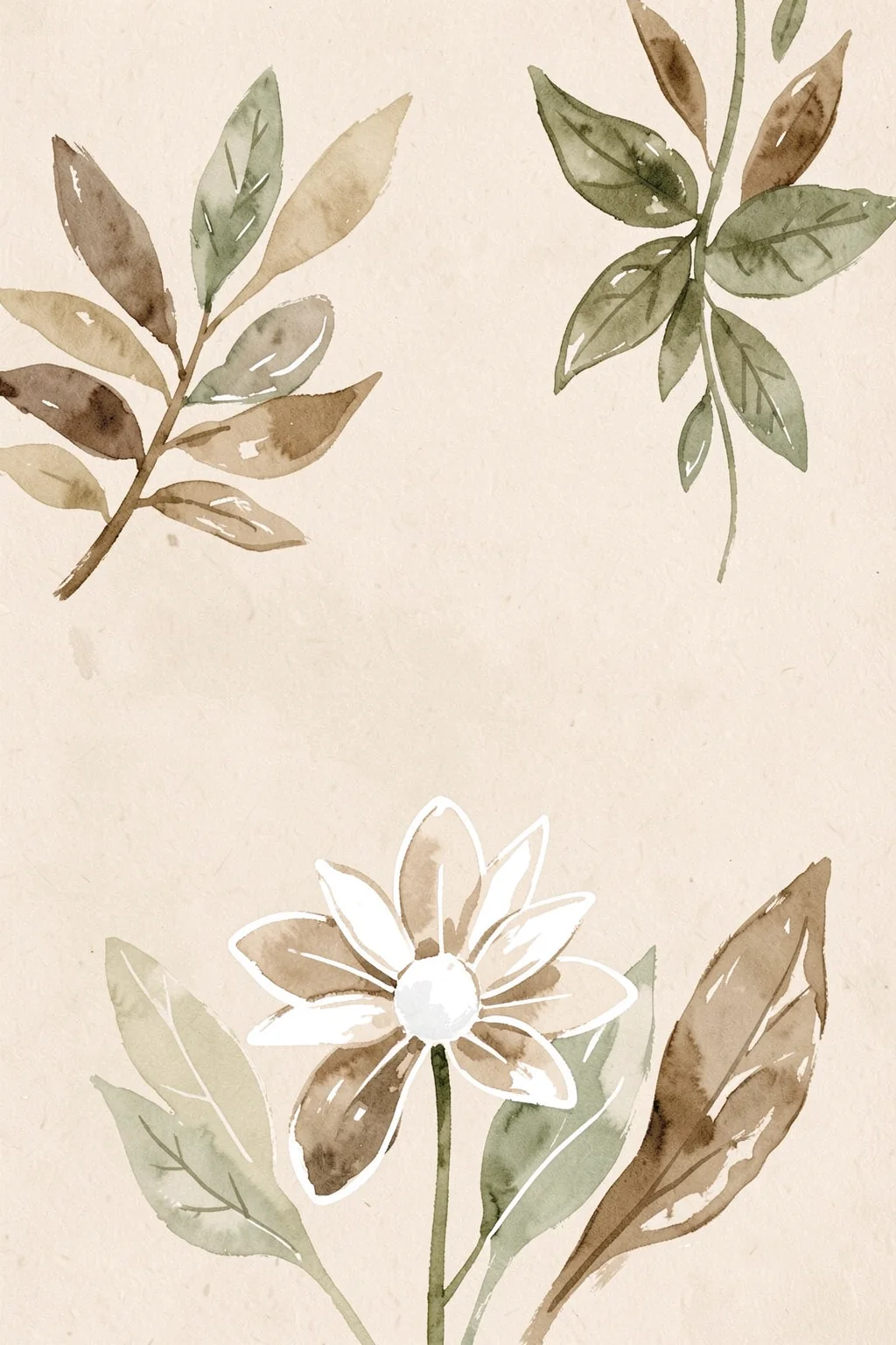 Leafy Whispers. Muted watercolor branches and a white flower with sage, brown, and cream leaves are spaced across warm ivory paper.