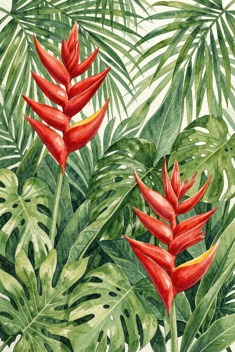 Tropical Red Ginger. Two red tropical flower bracts stand among layered green foliage, including broad split leaves, on a pale background.