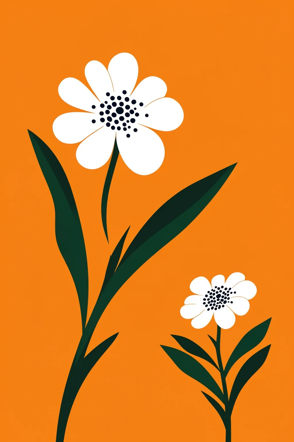 Modern Daisy Duo. Two white daisies with dark dotted centers and deep green leaves sit at different scales against a bright orange background.