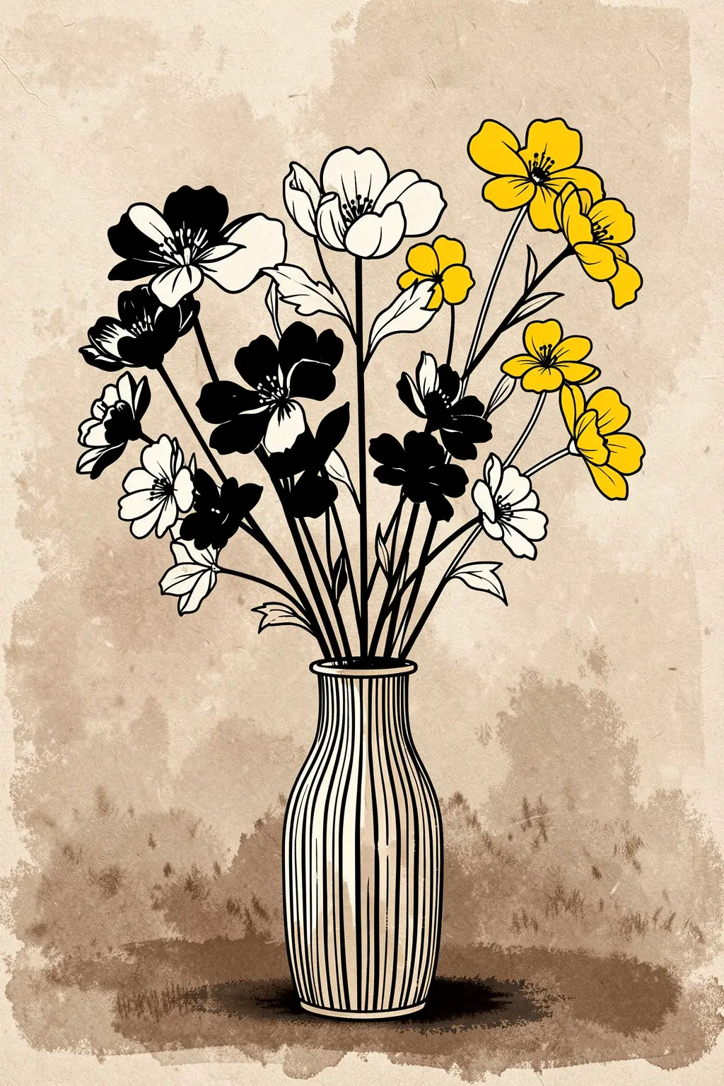 Botanical Ink Display. A striped vase holds a loose bouquet of black, cream, and yellow flowers against a mottled beige ground.